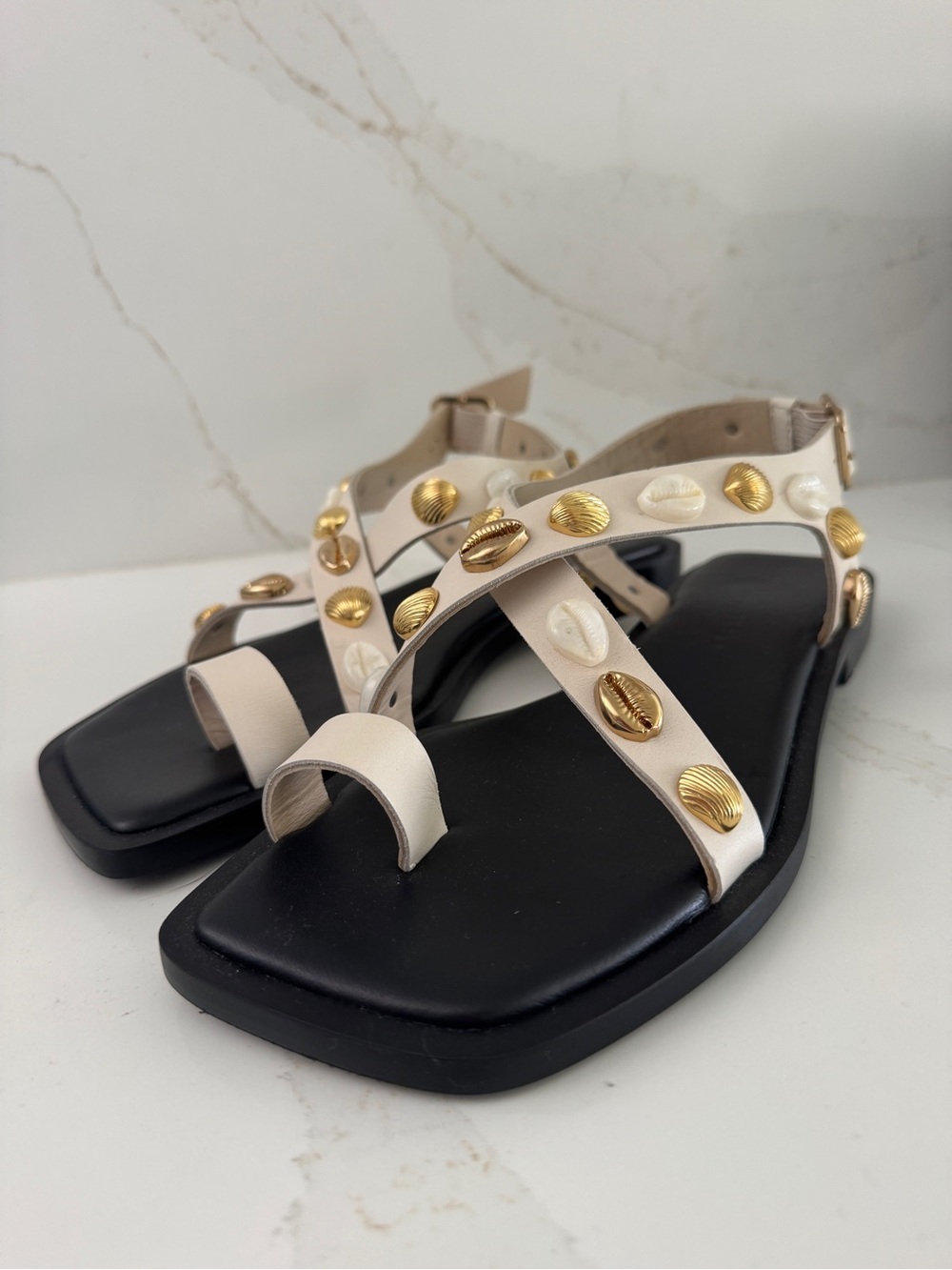 FREDA SALVADOR - PAXTON SANDAL IN BONE CALF W/ GOLD SHELLS - Picture 4 of 5